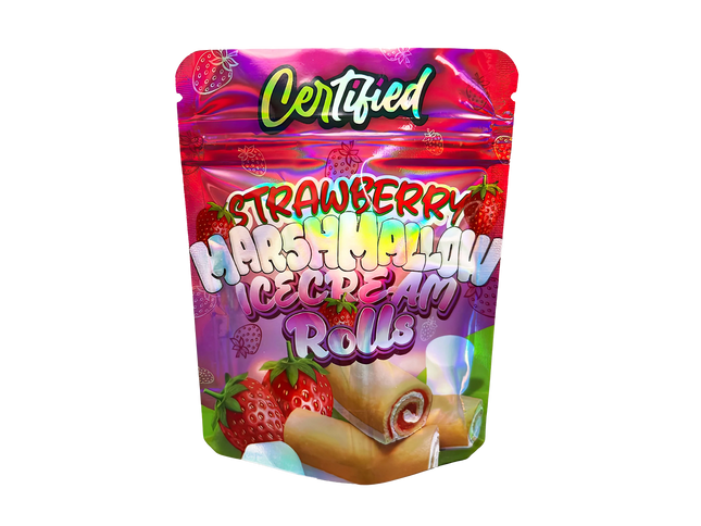 3.5G Mylar Bags, herb Mylar Bags, Where to buy mylar bags, Custom mylar bags near me, Mylar Bags Wholesale. Packaging of strawberry marshmallow ice cream rolls with colorful design and 'Certified' branding.