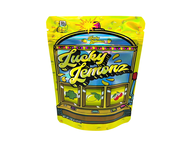 3.5G Mylar Bags, herb Mylar Bags, Where to buy mylar bags, Custom mylar bags near me, Mylar Bags Wholesale. Packaged product with 'Lucky Lemon' branding on a white background
