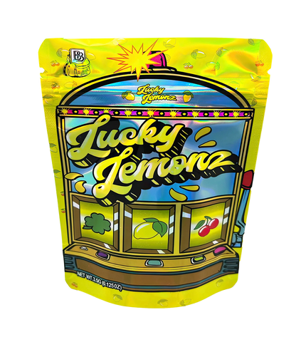 3.5G Mylar Bags, herb Mylar Bags, Where to buy mylar bags, Custom mylar bags near me, Mylar Bags Wholesale. Packaged product with 'Lucky Lemon' branding on a white background