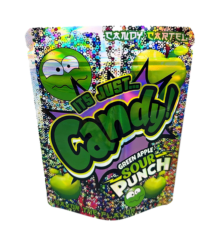 3.5G Mylar Bags, herb Mylar Bags, Where to buy mylar bags, Custom mylar bags near me, Mylar Bags Wholesale. Colorful candy bag with 'It's Just Candy!' branding and green apple sour punch flavor text.