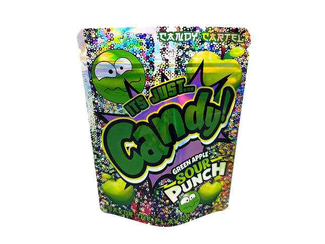 3.5G Mylar Bags, herb Mylar Bags, Where to buy mylar bags, Custom mylar bags near me, Mylar Bags Wholesale. Colorful candy bag with 'It's Just Candy!' branding and green apple sour punch flavor text.