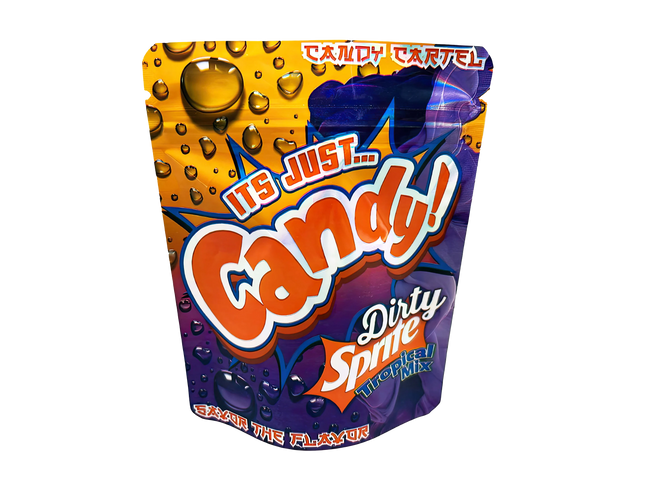 3.5G Mylar Bags, herb Mylar Bags, Where to buy mylar bags, Custom mylar bags near me, Mylar Bags Wholesale. Candy Cartel Dirty Sprite Tropical Mix packaging with orange and purple design.