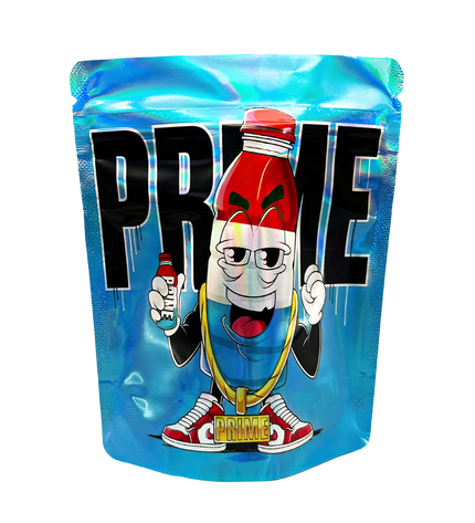 3.5G Mylar Bags, herb Mylar Bags, Where to buy mylar bags, Custom mylar bags near me, Mylar Bags Wholesale. Animated character on a blue packaging with 'PRIME' branding