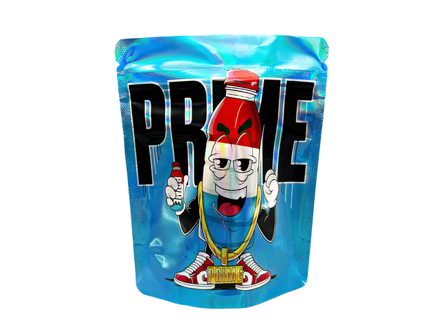 3.5G Mylar Bags, herb Mylar Bags, Where to buy mylar bags, Custom mylar bags near me, Mylar Bags Wholesale. Animated character on a blue packaging with 'PRIME' branding