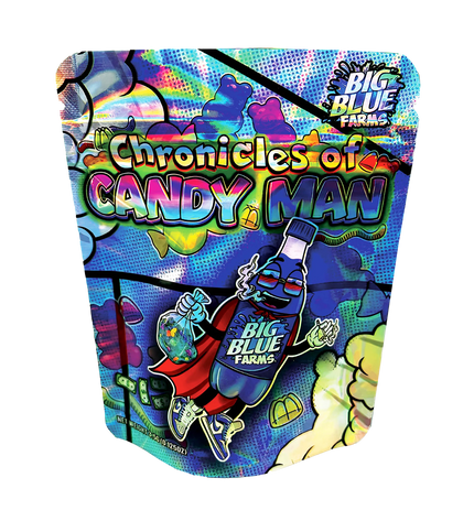 3.5G Mylar Bags, herb Mylar Bags, Where to buy mylar bags, Custom mylar bags near me, Mylar Bags Wholesale. Colorful packaging of 'Chronicles of Candy Man' by Big Blue Farms on a white background