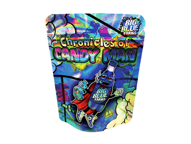 3.5G Mylar Bags, herb Mylar Bags, Where to buy mylar bags, Custom mylar bags near me, Mylar Bags Wholesale. Colorful packaging of 'Chronicles of Candy Man' by Big Blue Farms on a white background