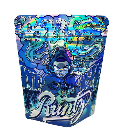 3.5G Mylar Bags, herb Mylar Bags, Where to buy mylar bags, Custom mylar bags near me, Mylar Bags Wholesale. Colorful packaging with a character and 'Mr. Runtz' branding on a white background