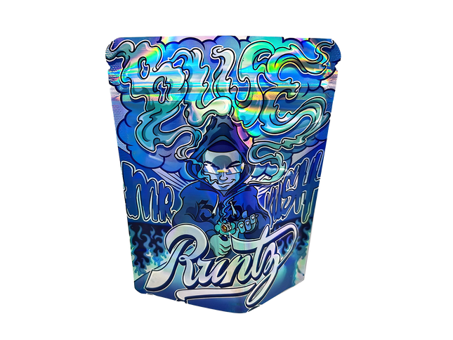 3.5G Mylar Bags, herb Mylar Bags, Where to buy mylar bags, Custom mylar bags near me, Mylar Bags Wholesale. Colorful packaging with a character and 'Mr. Runtz' branding on a white background
