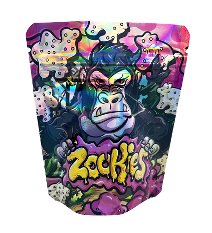 3.5G Mylar Bags, herb Mylar Bags, Where to buy mylar bags, Custom mylar bags near me, Mylar Bags Wholesale. Colorful packaging with a cartoon gorilla and 'Zackies' branding on a white background