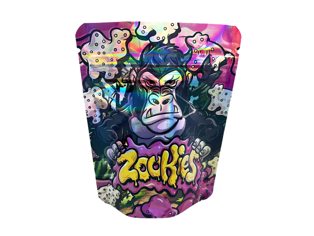 3.5G Mylar Bags, herb Mylar Bags, Where to buy mylar bags, Custom mylar bags near me, Mylar Bags Wholesale. Colorful packaging with a cartoon gorilla and 'Zackies' branding on a white background