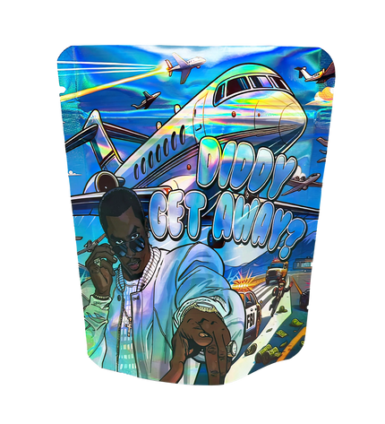 3.5G Mylar Bags, herb Mylar Bags, Where to buy mylar bags, Custom mylar bags near me, Mylar Bags Wholesale. Colorful product packaging with airplane and people design, featuring text 'Diddy Get Away?'.