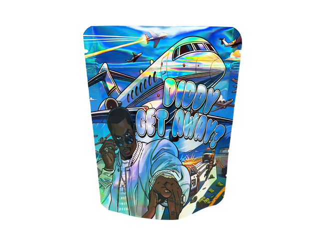 3.5G Mylar Bags, herb Mylar Bags, Where to buy mylar bags, Custom mylar bags near me, Mylar Bags Wholesale. Colorful product packaging with airplane and people design, featuring text 'Diddy Get Away?'.