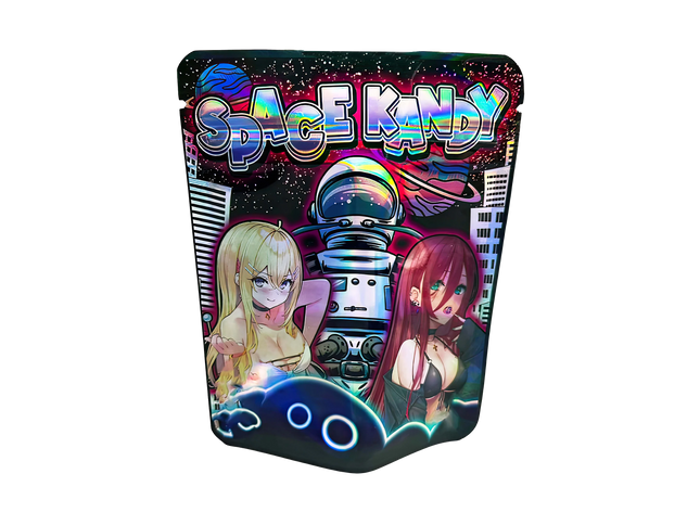 3.5G Mylar Bags, herb Mylar Bags, Where to buy mylar bags, Custom mylar bags near me, Mylar Bags Wholesale. Product packaging for 'Space Kandy' with cartoon characters and space-themed design.