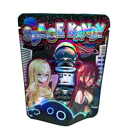 3.5G Mylar Bags, herb Mylar Bags, Where to buy mylar bags, Custom mylar bags near me, Mylar Bags Wholesale. Product packaging for 'Space Kandy' with cartoon characters and space-themed design.