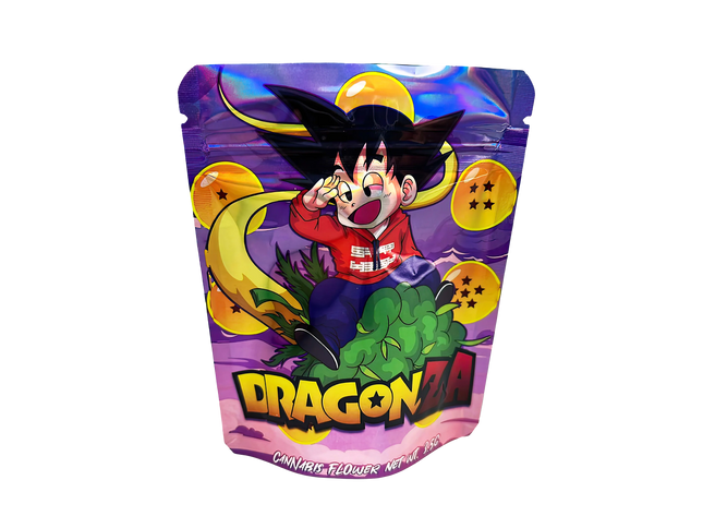 3.5G Mylar Bags, herb Mylar Bags, Where to buy mylar bags, Custom mylar bags near me, Mylar Bags Wholesale. Dragon Ball-themed product packaging with character design on a white background