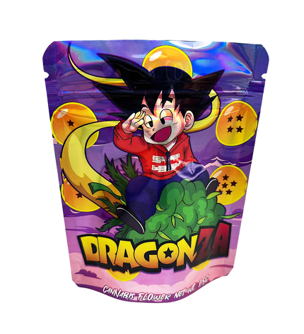 3.5G Mylar Bags, herb Mylar Bags, Where to buy mylar bags, Custom mylar bags near me, Mylar Bags Wholesale. Dragon Ball-themed product packaging with character design on a white background