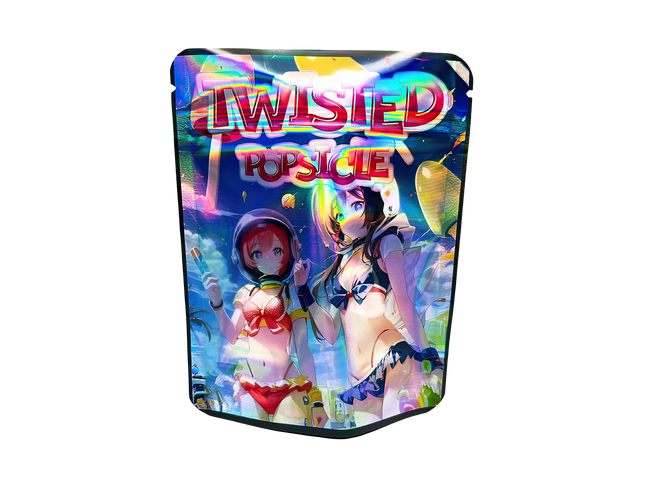 3.5G Mylar Bags, herb Mylar Bags, Where to buy mylar bags, Custom mylar bags near me, Mylar Bags Wholesale. Colorful packaging for 'Twisted Popsicle' with animated characters on a white background