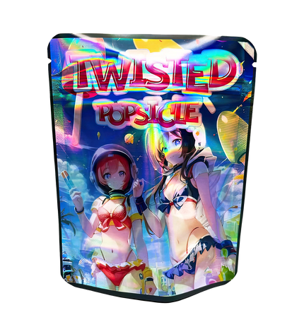 3.5G Mylar Bags, herb Mylar Bags, Where to buy mylar bags, Custom mylar bags near me, Mylar Bags Wholesale. Colorful packaging for 'Twisted Popsicle' with animated characters on a white background