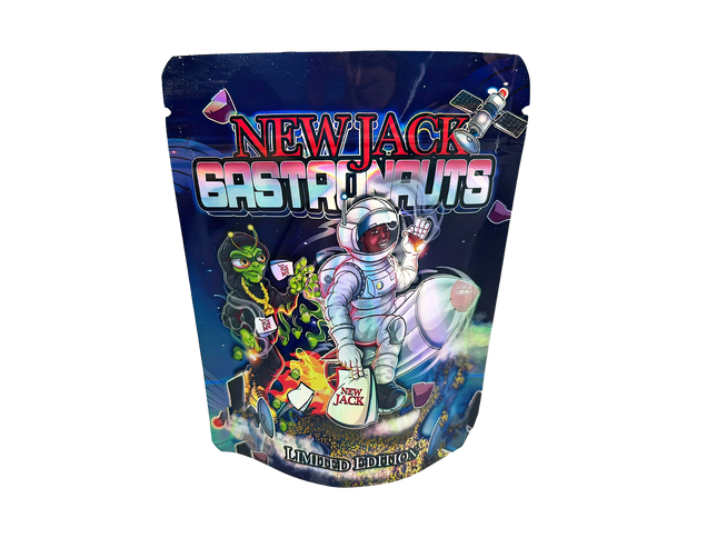 3.5G Mylar Bags, herb Mylar Bags, Where to buy mylar bags, Custom mylar bags near me, Mylar Bags Wholesale. Colorful packaging of New Jack Gastro Nut with space-themed design and astronaut illustration.