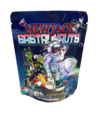 3.5G Mylar Bags, herb Mylar Bags, Where to buy mylar bags, Custom mylar bags near me, Mylar Bags Wholesale. Colorful packaging of New Jack Gastro Nut with space-themed design and astronaut illustration.