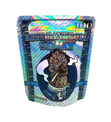 3.5G Mylar Bags, herb Mylar Bags, Where to buy mylar bags, Custom mylar bags near me, Mylar Bags Wholesale. Holographic packaging with a cartoon character and 'Blue Bankroll Silky' text on a white background