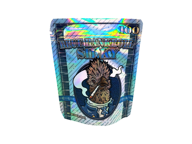 3.5G Mylar Bags, herb Mylar Bags, Where to buy mylar bags, Custom mylar bags near me, Mylar Bags Wholesale. Holographic packaging with a cartoon character and 'Blue Bankroll Silky' text on a white background