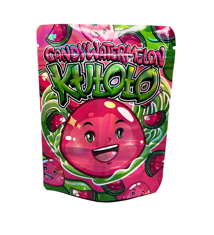 3.5G Mylar Bags, herb Mylar Bags, Where to buy mylar bags, Custom mylar bags near me, Mylar Bags Wholesale. Kaholo candy watermelon flavor packaging on a white background