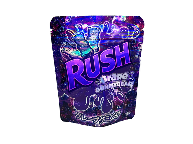 Mylar Bags Gummy bear package with 'Rush' branding on a white background