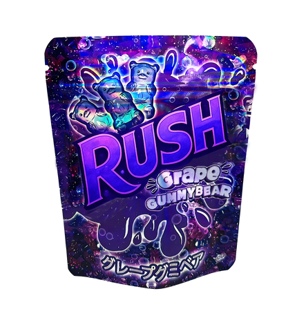 Mylar Bags Gummy bear package with 'Rush' branding on a white background