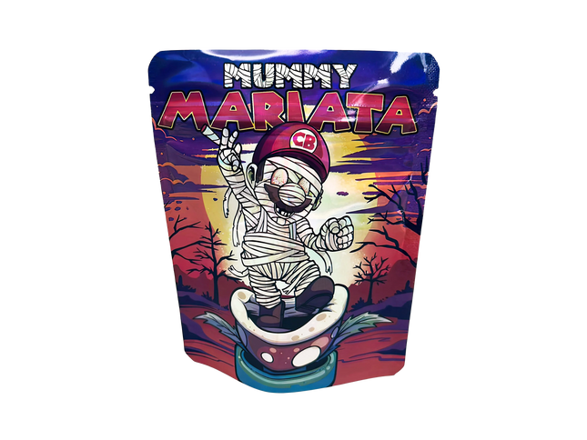 3.5G Mylar Bags, herb Mylar Bags, Where to buy mylar bags, Custom mylar bags near me, Mylar Bags Wholesale. Colorful packaging with a mummy character and 'Mummy Mariata' text on a white background