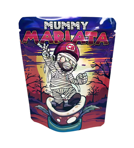 3.5G Mylar Bags, herb Mylar Bags, Where to buy mylar bags, Custom mylar bags near me, Mylar Bags Wholesale. Colorful packaging with a mummy character and 'Mummy Mariata' text on a white background