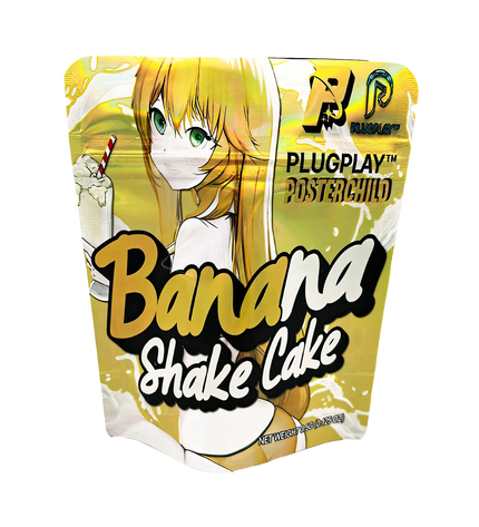 3.5G Mylar Bags, herb Mylar Bags, Where to buy mylar bags, Custom mylar bags near me, Mylar Bags Wholesale. Packaging of Banana Shake Cake with anime character and 'Plugplay' branding