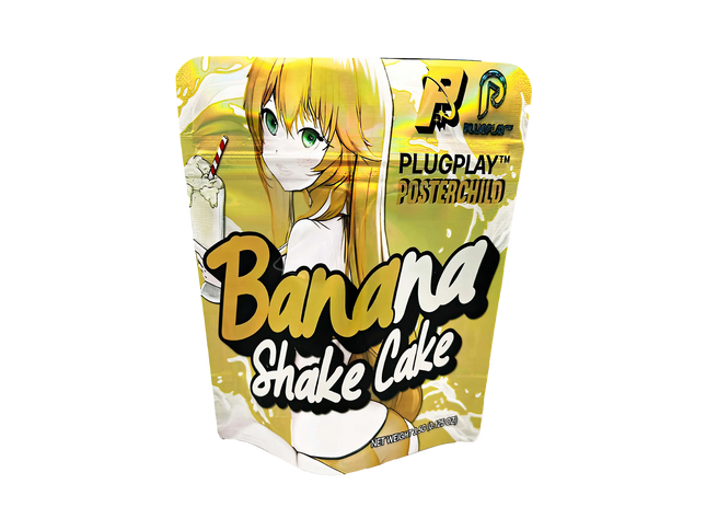 3.5G Mylar Bags, herb Mylar Bags, Where to buy mylar bags, Custom mylar bags near me, Mylar Bags Wholesale. Packaging of Banana Shake Cake with anime character and 'Plugplay' branding