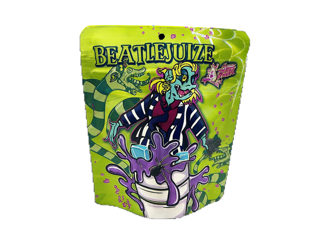 Mylar Bags Colorful packaging of BEATLEJUICE with cartoon character and green background
