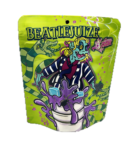 Mylar Bags Colorful packaging of BEATLEJUICE with cartoon character and green background