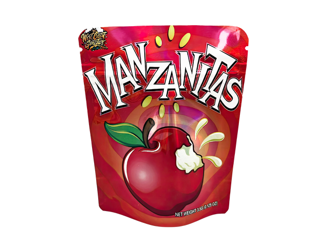 3.5G Mylar Bags, herb Mylar Bags, Where to buy mylar bags, Custom mylar bags near me, Mylar Bags Wholesale. Red packaging of 'Manzanas' with an apple illustration on a white background
