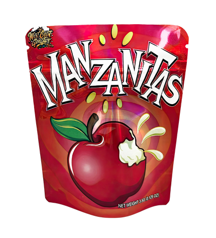 3.5G Mylar Bags, herb Mylar Bags, Where to buy mylar bags, Custom mylar bags near me, Mylar Bags Wholesale. Red packaging of 'Manzanas' with an apple illustration on a white background