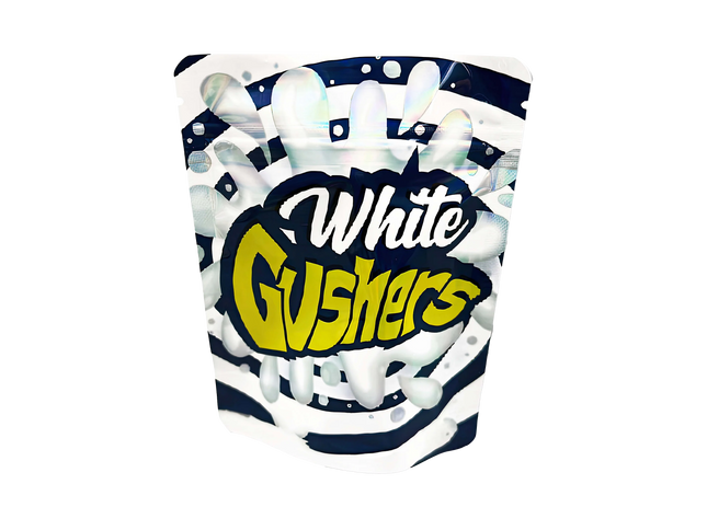 3.5G Mylar Bags, herb Mylar Bags, Where to buy mylar bags, Custom mylar bags near me, Mylar Bags Wholesale. Packaging of White Gushers candy with a blue and white design.