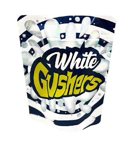 3.5G Mylar Bags, herb Mylar Bags, Where to buy mylar bags, Custom mylar bags near me, Mylar Bags Wholesale. Packaging of White Gushers candy with a blue and white design.