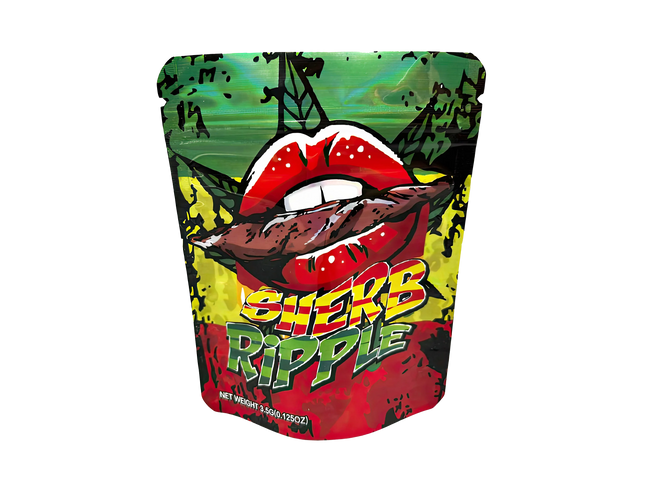 3.5G Mylar Bags, herb Mylar Bags, Where to buy mylar bags, Custom mylar bags near me, Mylar Bags Wholesale. Colorful packaging with a mouth graphic and 'Sherb Ripple' text on a white background