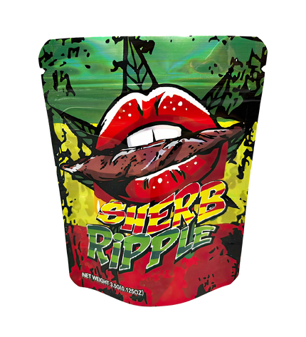 3.5G Mylar Bags, herb Mylar Bags, Where to buy mylar bags, Custom mylar bags near me, Mylar Bags Wholesale. Colorful packaging with a mouth graphic and 'Sherb Ripple' text on a white background