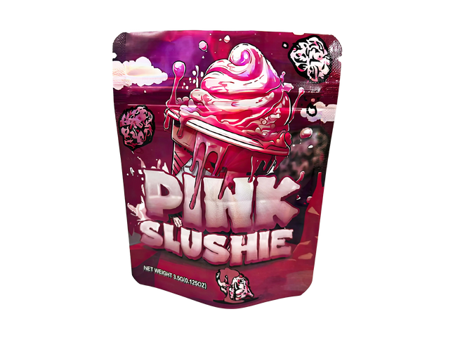 3.5G Mylar Bags, herb Mylar Bags, Where to buy mylar bags, Custom mylar bags near me, Mylar Bags Wholesale. Pink slushie package with ice cream illustration on a white background