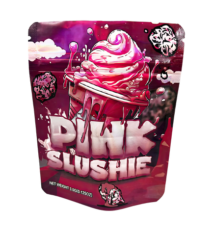 3.5G Mylar Bags, herb Mylar Bags, Where to buy mylar bags, Custom mylar bags near me, Mylar Bags Wholesale. Pink slushie package with ice cream illustration on a white background