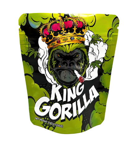 3.5G Mylar Bags, herb Mylar Bags, Where to buy mylar bags, Custom mylar bags near me, Mylar Bags Wholesale. King Gorilla packaging with a gorilla wearing a crown on a green background