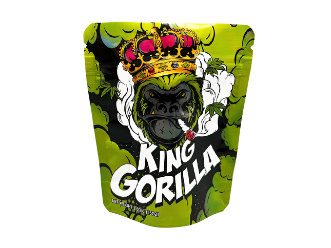 3.5G Mylar Bags, herb Mylar Bags, Where to buy mylar bags, Custom mylar bags near me, Mylar Bags Wholesale. King Gorilla packaging with a gorilla wearing a crown on a green background