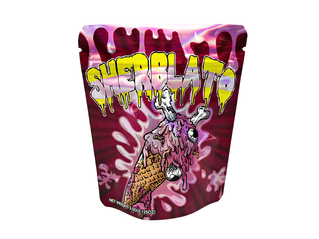 3.5G Mylar Bags, herb Mylar Bags, Where to buy mylar bags, Custom mylar bags near me, Mylar Bags Wholesale. Colorful packaging with 'Sherlato' branding and ice cream cone illustration on a white background