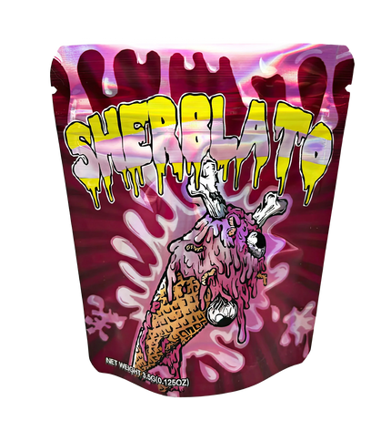 3.5G Mylar Bags, herb Mylar Bags, Where to buy mylar bags, Custom mylar bags near me, Mylar Bags Wholesale. Colorful packaging with 'Sherlato' branding and ice cream cone illustration on a white background