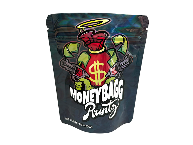 3.5G Mylar Bags, herb Mylar Bags, Where to buy mylar bags, Custom mylar bags near me, Mylar Bags Wholesale. Drug packaging with colorful design and 'MoneyBagg Runtz' branding on a white background