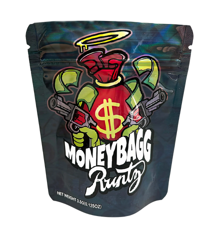 3.5G Mylar Bags, herb Mylar Bags, Where to buy mylar bags, Custom mylar bags near me, Mylar Bags Wholesale. Drug packaging with colorful design and 'MoneyBagg Runtz' branding on a white background