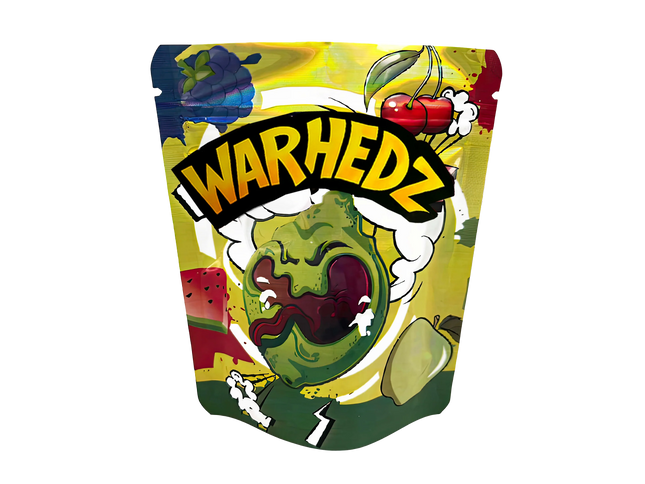 Mylar Bags Colorful packaging of Warhedz with a cartoonish character on a white background